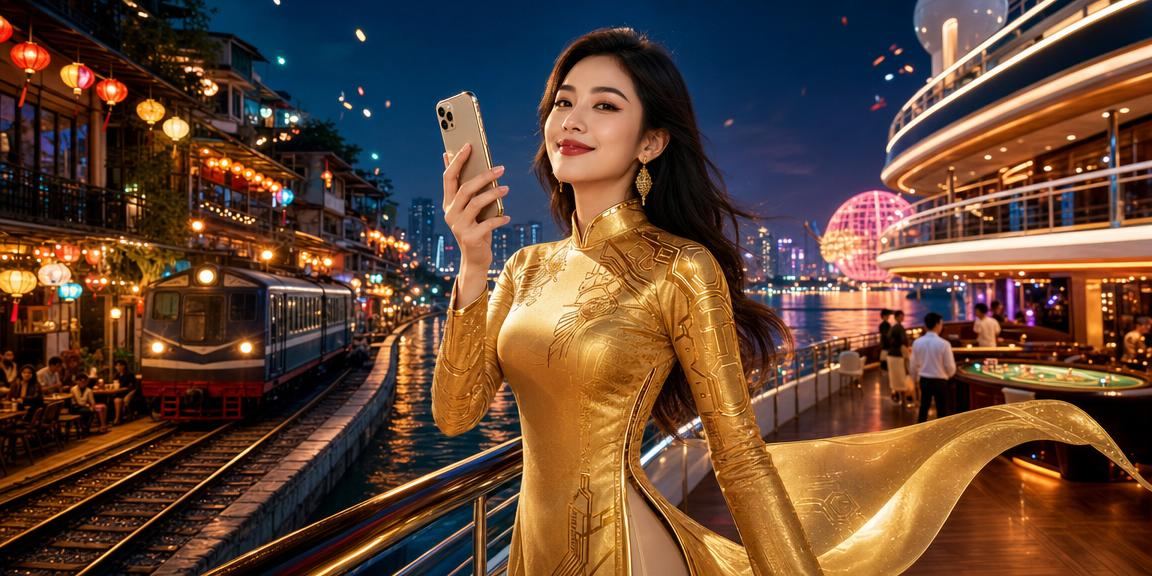 Người dùng nữ mặc áo dài tại Hà Nội dùng điện thoại kiểm tra voucher casino mobile