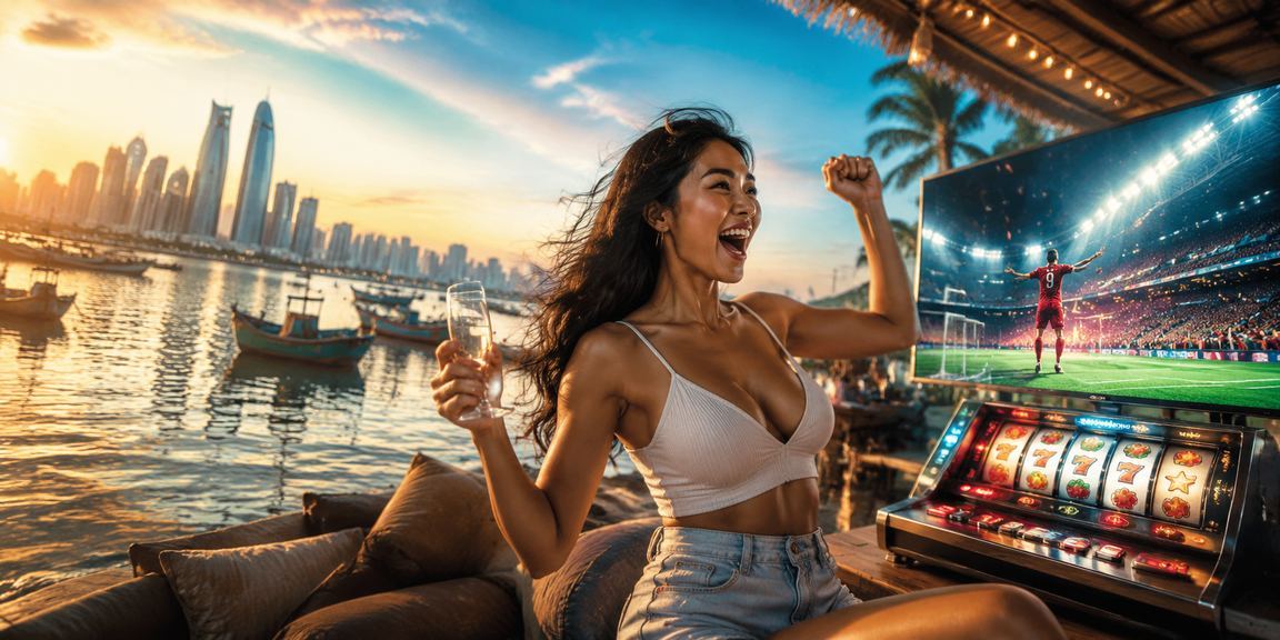 Người chơi slot game tại bãi biển Mũi Né với thiết bị di động dưới nắng chiều
