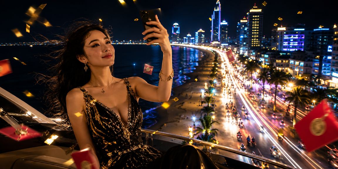 Người dùng Quy Nhơn nhận phong bì đỏ thưởng dưới ánh đèn neon trong bầu không khí lễ hội